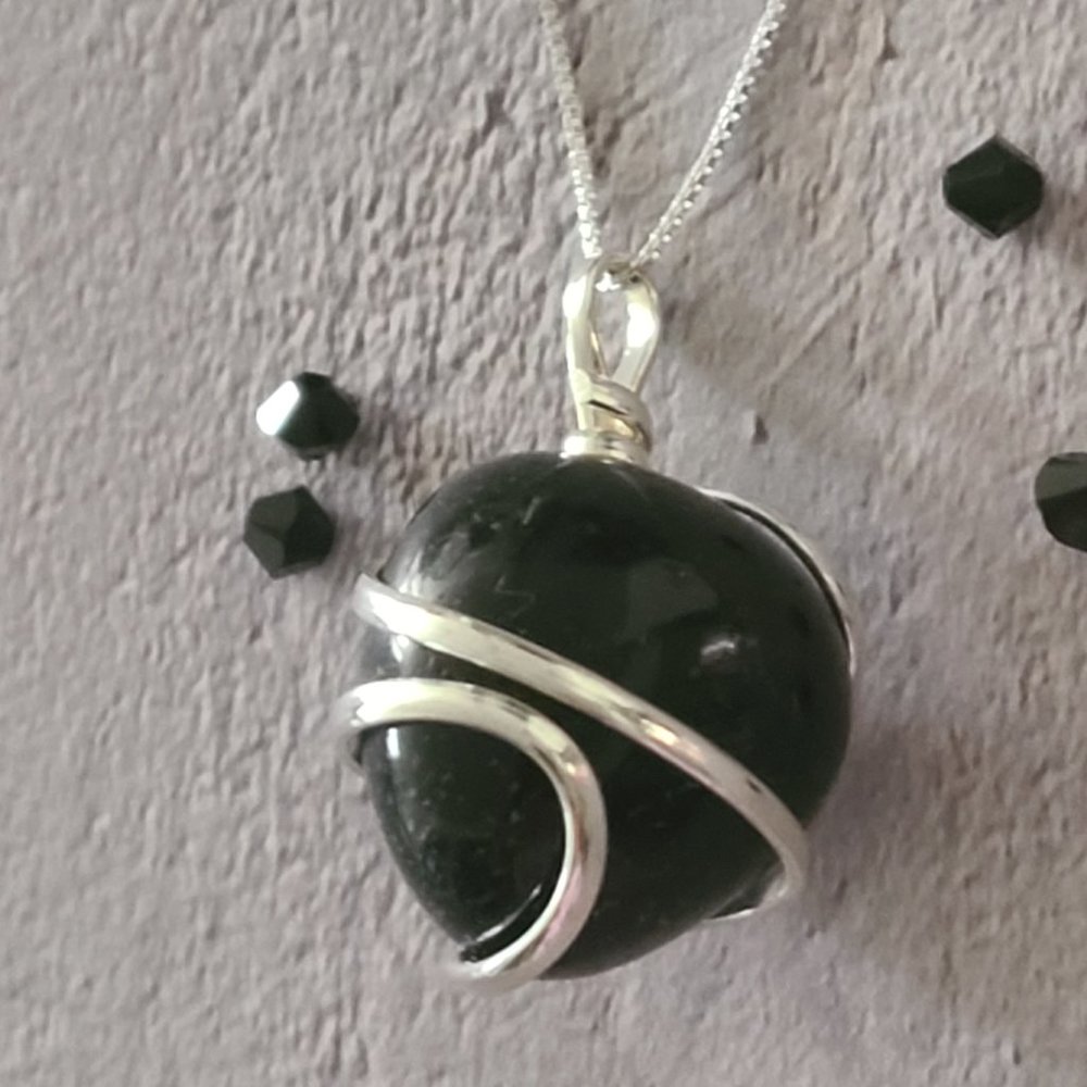 Black Agate and Silver-Plated Pendant on a Chain